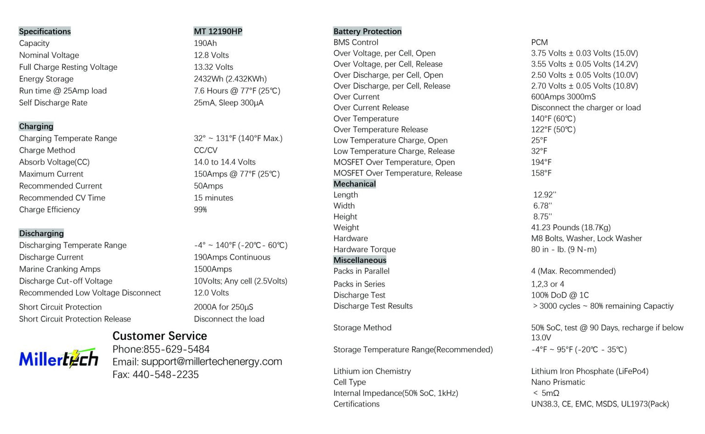 Miller Tech - 12V 190AH - Sport Series - Dual Purpose - Starting/Deep Cycle Lithium Battery